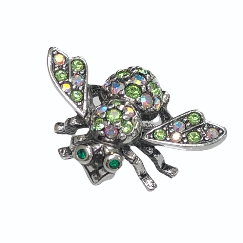 JOAN RIVERS CLEAR AURORA BOREALIS & GREEN CRYSTALS SILVER TONE BUMBLEBEE BROOCH